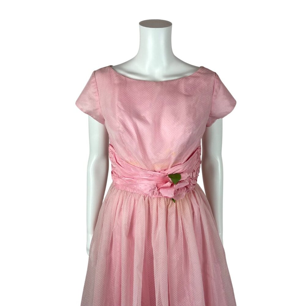 Vintage 50s Prom Dress Women's XS Pink Dotted Swiss Full Skirt Formal Fit Flare - Picture 2 of 15